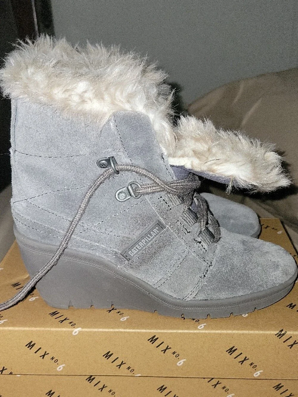 Caterpillar Gray Suede Faux-Fur Wedge Ankle Boots